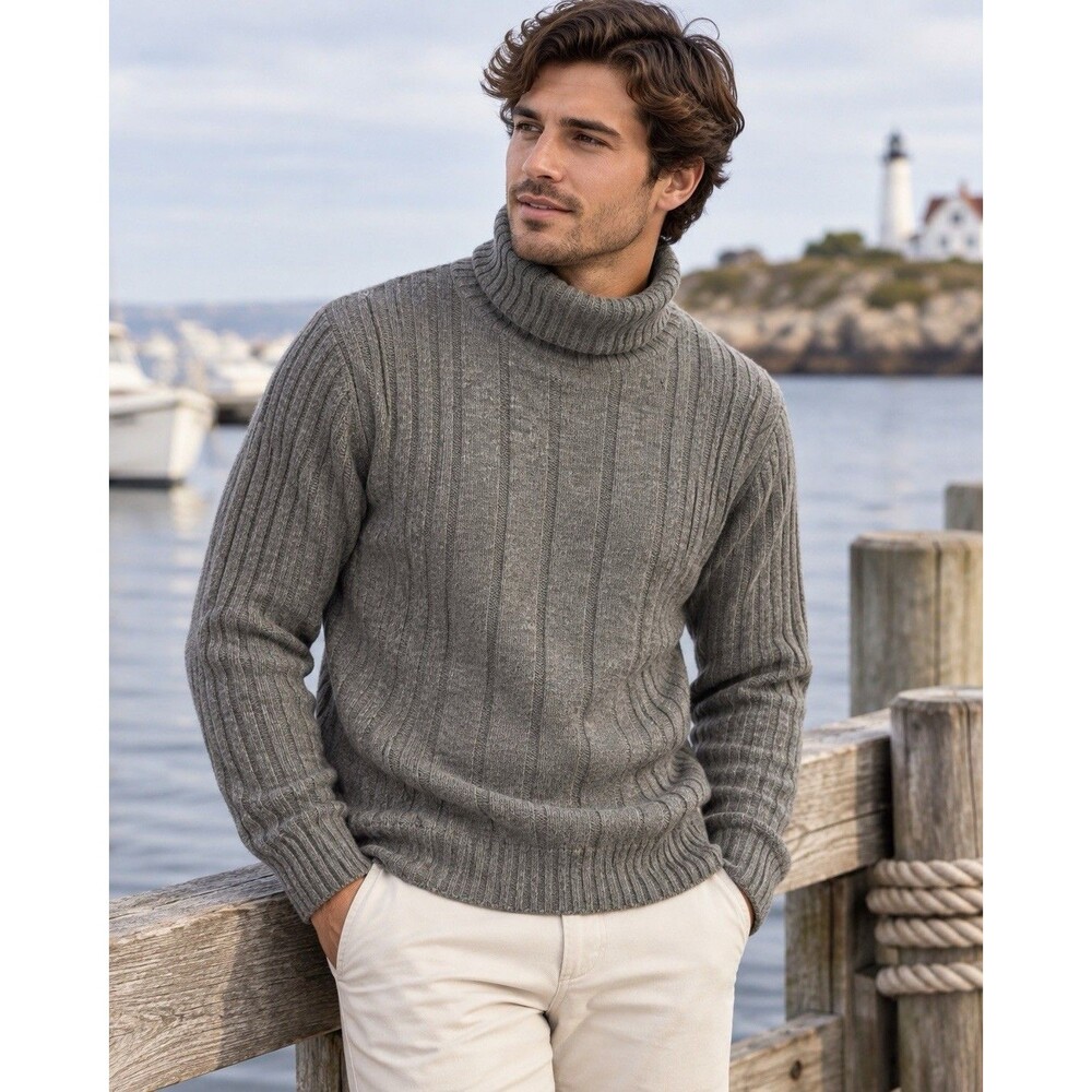 TAG Sport Mens M Gray Ribbed Turtleneck Sweater Fisherman Coastal Preppy